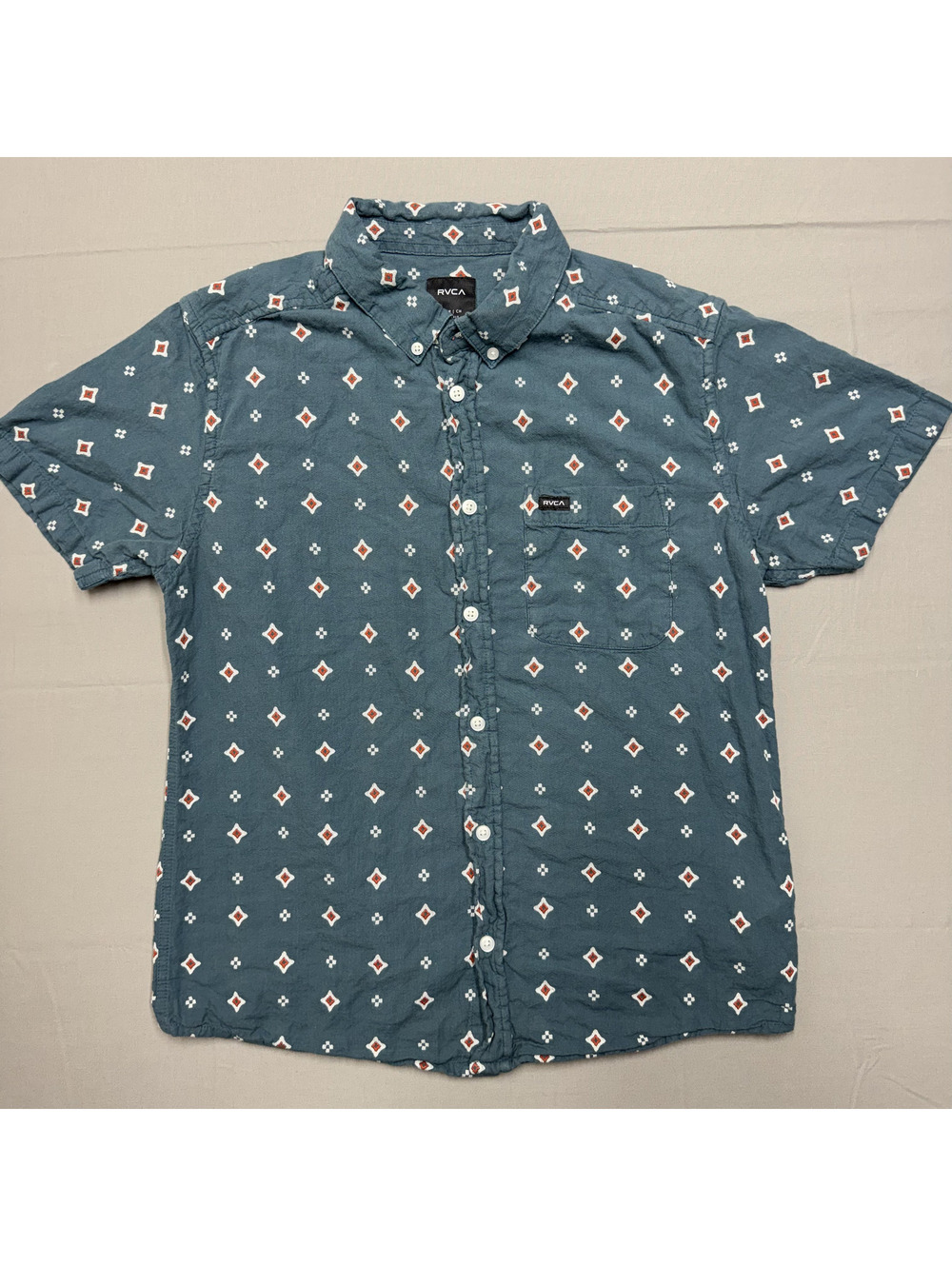 RVCA Mens Slim Fit Short Sleeve Button Down Cotton Diamond Print Shirt S Teal